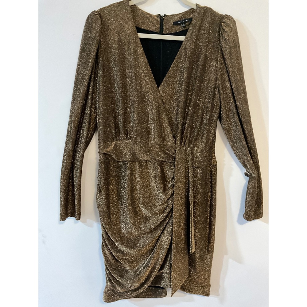 Alex Marie Gold Metallic Wrap Cocktail Dress Long Sleeve V-Neck Size 14